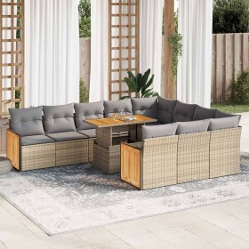 Set sofás jardín y cojines 11 pzas ratán sintético acacia beige