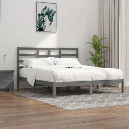 Estructura de cama de madera maciza de pino gris 200x200 cm de vidaXL, Camas y somieres - Ref: Foro24-3105817, Precio: 158,84...