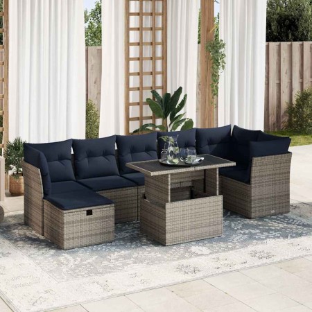 Juego Sofá Jardín 8 Piezas con Cojines Gris Poli Ratán Acacia
