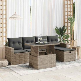 Set de muebles de jardín 6 pzas y cojines ratán sintético gris