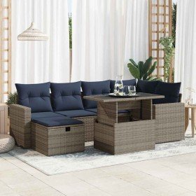 Juego Sofá Jardín 7 Piezas con Cojines Gris Poli Ratán Acacia Juego Sofá Jardín 7 Piezas con Cojines Gris Poli Ratán Acacia