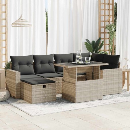Set de sofás de jardín 7 pzas con cojines ratán PE gris claro