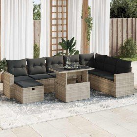 Set muebles jardín 9 pzas y cojines ratán sintético gris claro Set muebles jardín 9 pzas y cojines ratán sintético gris claro