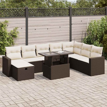 Set de sofás de jardín 9 pzas y cojines ratán sintético marrón