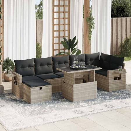 Set de sofás de jardín 8 pzas y cojines ratán sintético gris