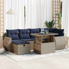 Juego Sofá Jardín 7 Piezas con Cojines Gris Poli Ratán Acacia