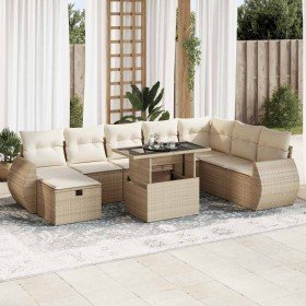 Set de sofás de jardín con cojines 9 pzas ratán sintético beige