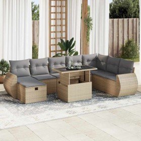 Set de sofás de jardín con cojines 9 pzas ratán sintético beige