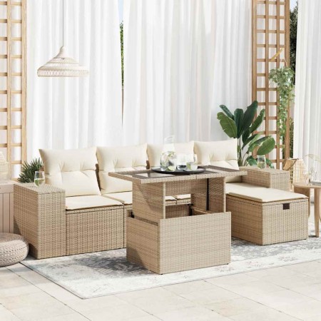 Juego de sofás jardín con cojines 6 pzas ratán sintético beige