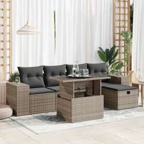 Set de muebles de jardín 6 pzas y cojines ratán sintético gris