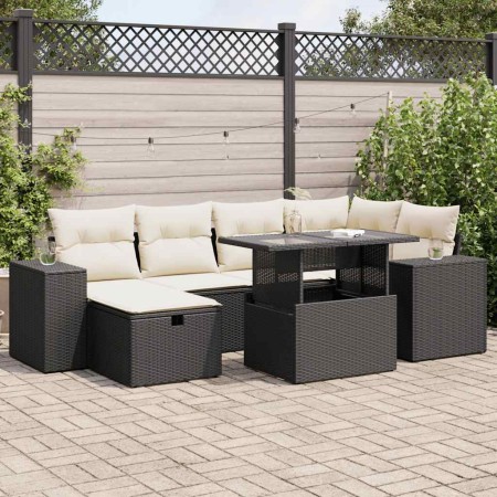 Set de sofás de jardín y cojines 8 piezas ratán sintético negro