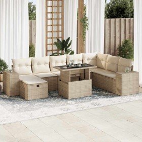Set de sofás de jardín con cojines 9 pzas ratán sintético beige
