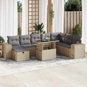 Set de sofás de jardín con cojines 9 pzas ratán sintético beige