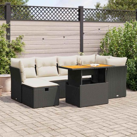 Set sofás jardín y cojines 7 pzas ratán sintético acacia negro