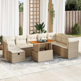 Set sofás jardín y cojines 9 pzas ratán sintético acacia beige