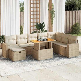 Set sofás jardín y cojines 9 pzas ratán sintético acacia beige