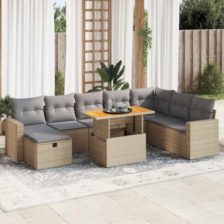 Set sofás jardín y cojines 9 pzas ratán sintético acacia beige