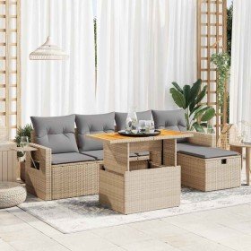 Set sofás jardín y cojines 6 pzas ratán sintético acacia beige