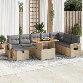 Set sofás jardín y cojines 9 pzas ratán sintético acacia beige
