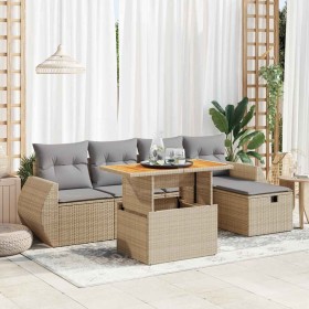 Set sofás jardín y cojines 6 pzas ratán sintético acacia beige