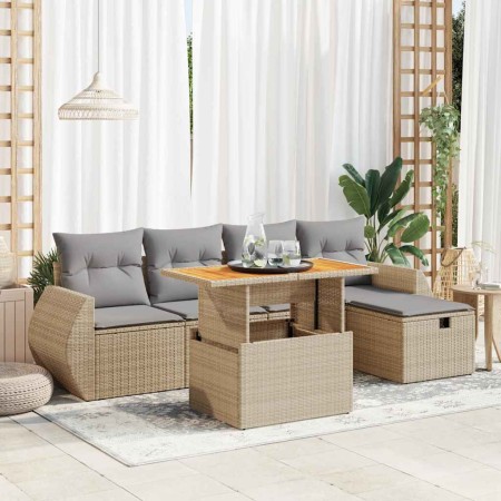 Set sofás jardín y cojines 6 pzas ratán sintético acacia beige