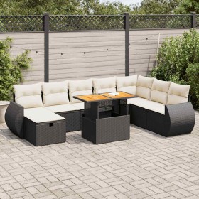 Set sofás jardín y cojines 9 pzas ratán sintético acacia negro