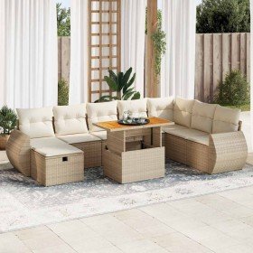 Set sofás jardín y cojines 9 pzas ratán sintético acacia beige