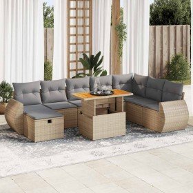 Set sofás jardín y cojines 9 pzas ratán sintético acacia beige