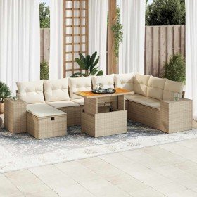 Set sofás jardín y cojines 9 pzas ratán sintético acacia beige