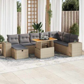 Set sofás jardín y cojines 9 pzas ratán sintético acacia beige