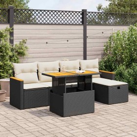 Set de sofás de jardín 6 piezas y cojines ratán sintético negro