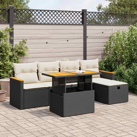 Set de sofás de jardín 6 piezas y cojines ratán sintético negro