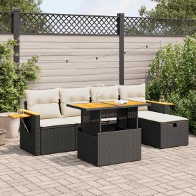 Set de sofás de jardín 6 piezas y cojines ratán sintético negro