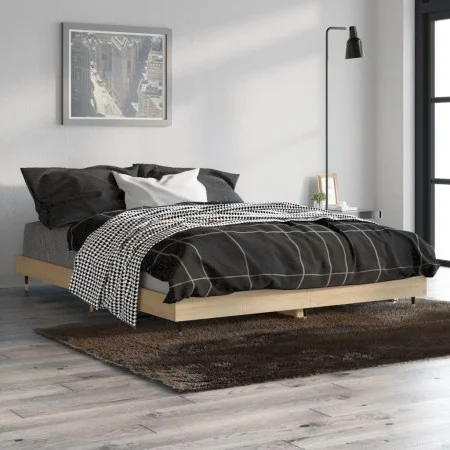Sonoma oak engineered wood bed frame 135x190 cm by vidaXL, Beds and slatted bases - Ref: Foro24-832184, Price: 99,99 €, Disco...