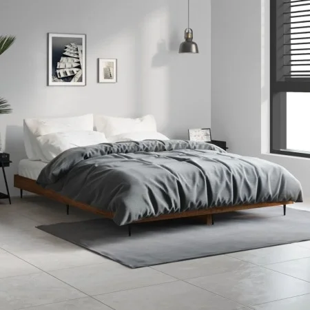 Oak brown engineered wood bed frame 140x190 cm by vidaXL, Beds and slatted bases - Ref: Foro24-832284, Price: 127,27 €, Disco...