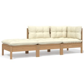 Gartenmöbel 3-teilig Massivholz Kiefer mit cremefarbenen Kissen von vidaXL, Modulare Sofas für den Außenbereich - Ref: Foro24...