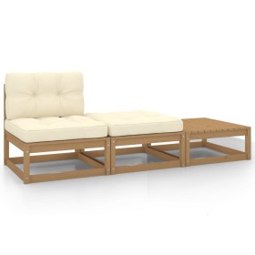 Set de muebles de jardín 3 pzas cojines madera pino marrón miel