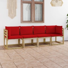 Sofá de jardín de 4 plazas con cojines rojos