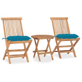 Set comedor de jardín plegable 3 piezas madera de teca cojines