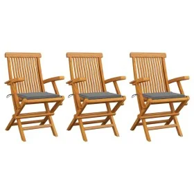 Sillas de jardín 3 uds con cojines grises madera de teca de vidaXL, Sillas de jardín - Ref: Foro24-3062515, Precio: 236,42 €,...