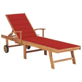 Sun lounger with red cushion solid teak wood by vidaXL, Loungers - Ref: Foro24-3063012, Price: 285,46 €, Discount: %