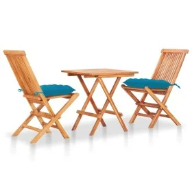 Bistro-Set, 3-teilig, massives Teakholz und hellblaue Kissen von vidaXL, Gartensets - Ref: Foro24-3063244, Preis: 194,64 €, R...