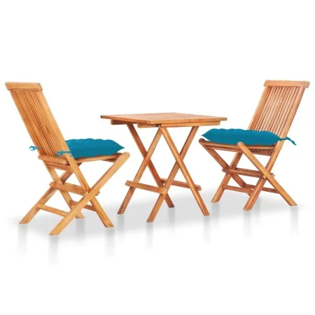 Bistro-Set, 3-teilig, massives Teakholz und hellblaue Kissen von vidaXL, Gartensets - Ref: Foro24-3063244, Preis: 190,89 €, R...