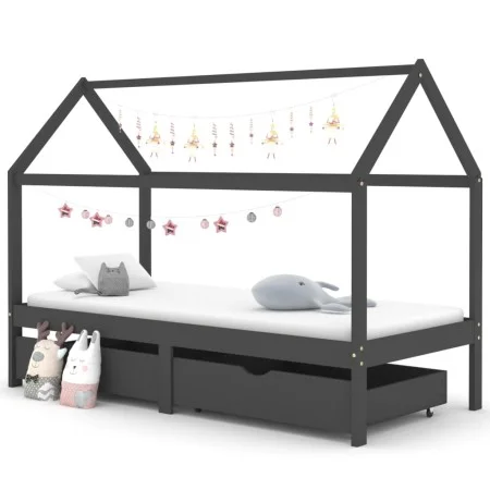 Kinderbettgestell und Schubladen Zirbenholz grau 90x200cm von vidaXL, Kinderbetten und Betten für Kinder - Ref: Foro24-322144...