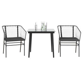 Set comedor jardín 3 pzas cojines ratán sintético vidrio negro