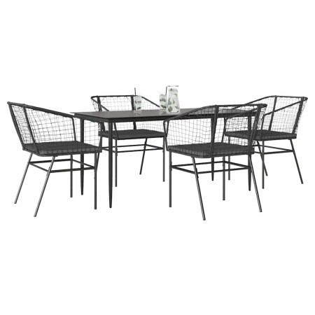Juego de comedor jardín 5 piezas cojines ratán sintético negro