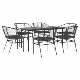 Set de comedor de jardín 7 piezas cojines ratán sintético negro