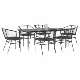 Set de comedor de jardín 7 piezas cojines ratán sintético negro