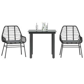 Set comedor jardín 3 pzas cojines ratán sintético vidrio negro
