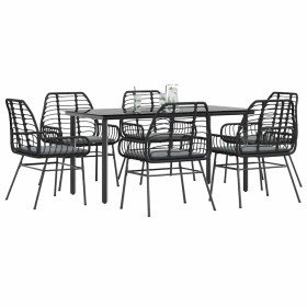 Set de comedor de jardín 7 piezas cojines ratán sintético negro